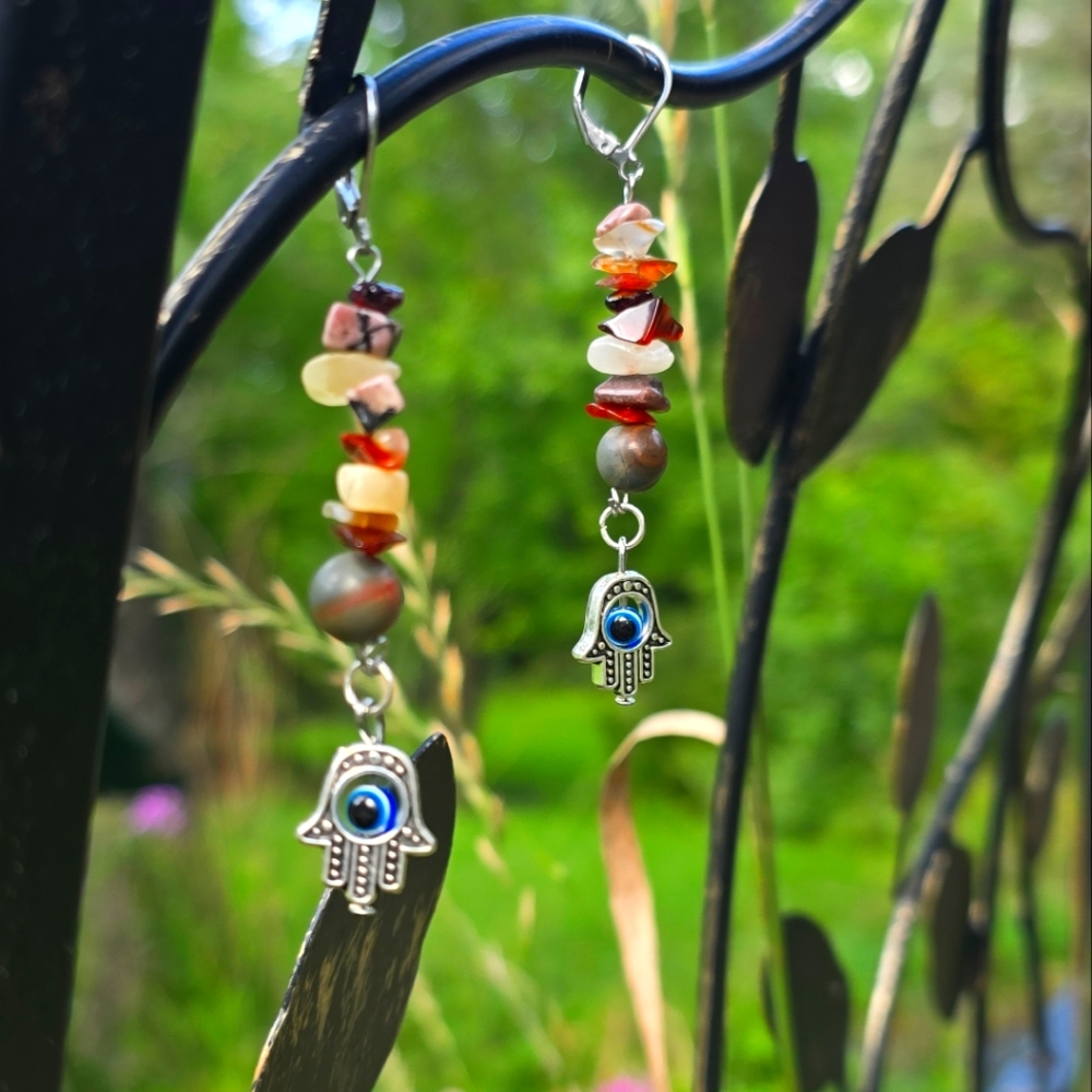 Handmade Gemstone Chip Earrings w/ Hamsa Hand & Evil Eye Charm